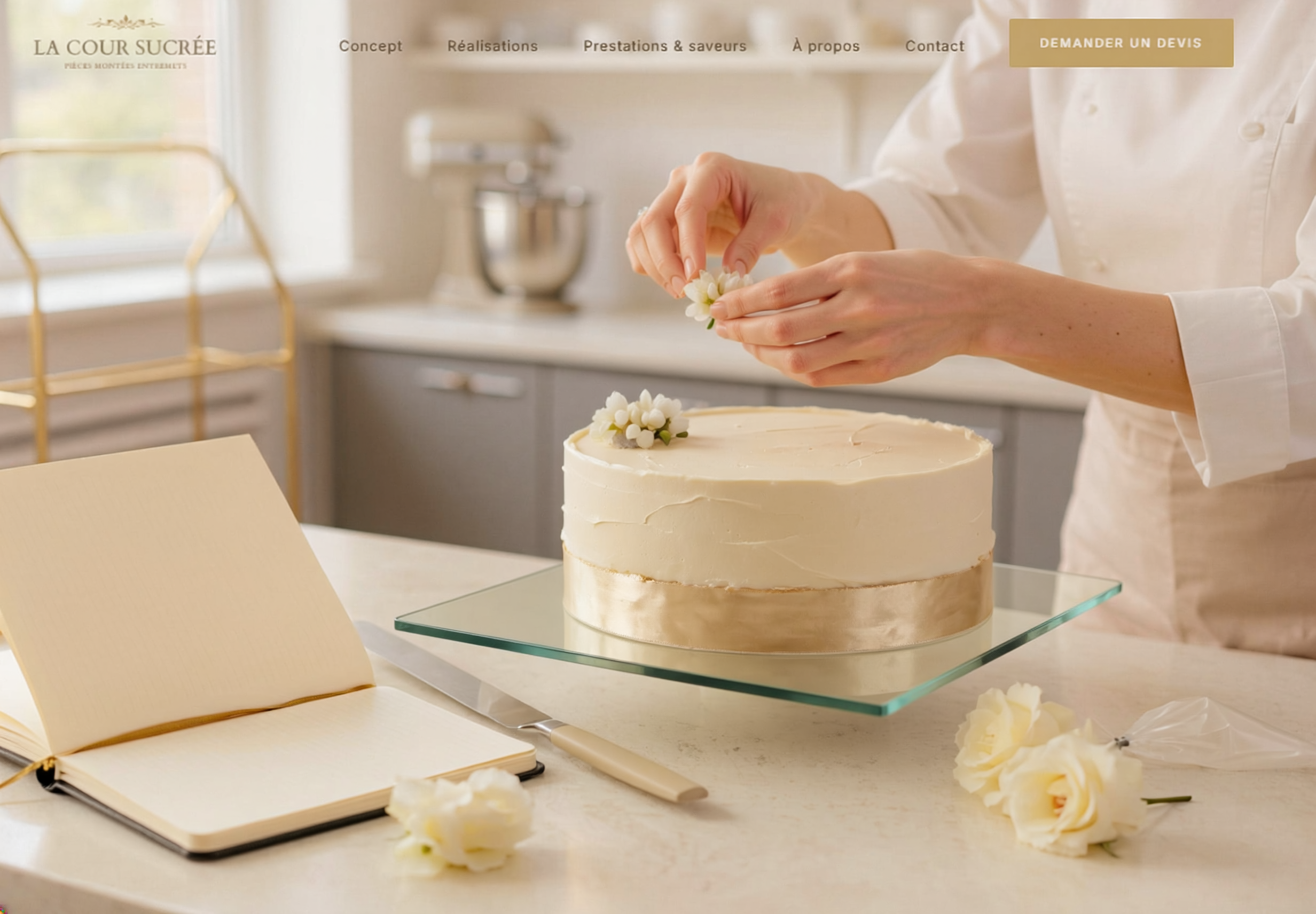 Geste artisanal de décoration d'un entremets de mariage La Cour Sucrée